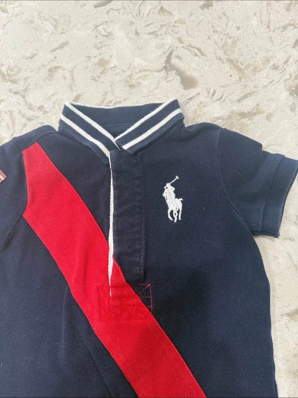Ralph Lauren Polo Navy Romper with Red Diagonal Stripe